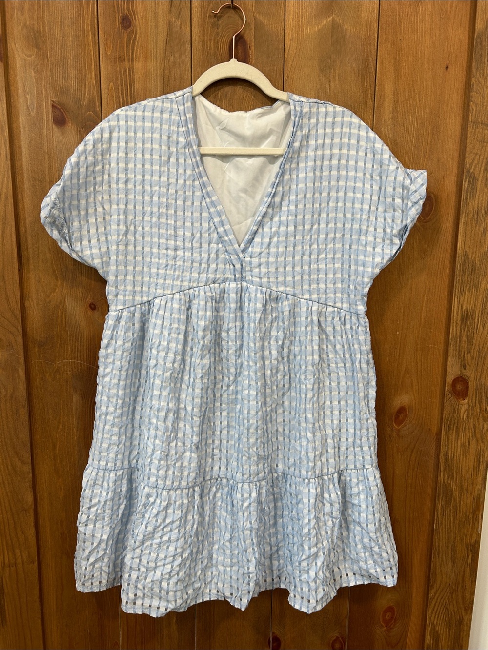 Light Blue Gingham V-Neck Babydoll Dress